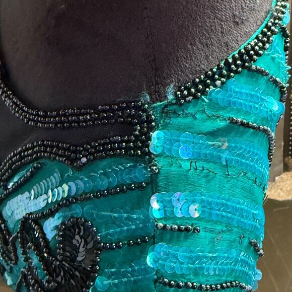 Royal Feelings Vintage Silk Sequin Beaded Top XL Teal Black Evening Party Blouse - Picture 11 of 15